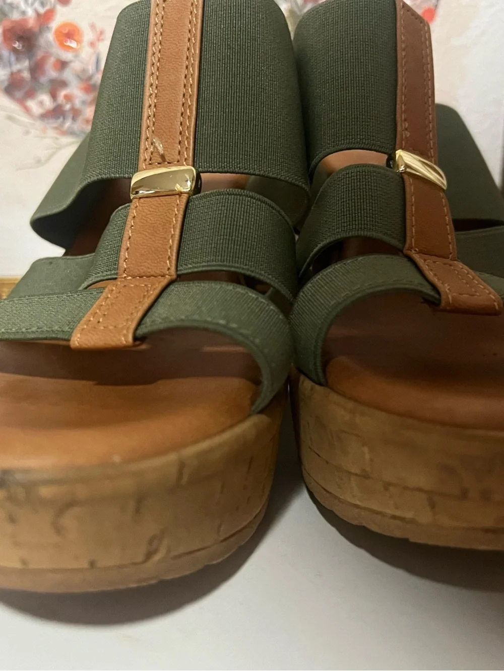 Italian Shoemakers Olive Green and Tan Wedge Sandals